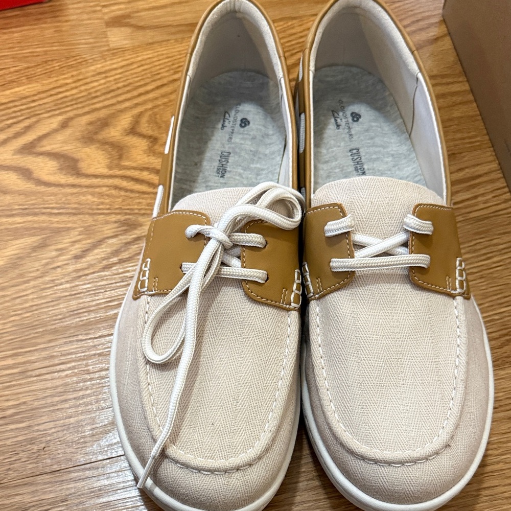 Clarks Tan and White Slip-On Shoes